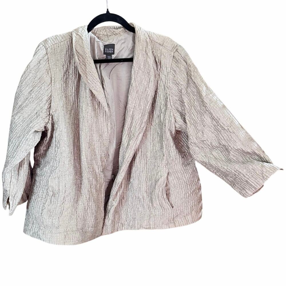 Eileen Fisher Textured Silk Open Front Jacket Blazer Neutral Minimalist XL chic